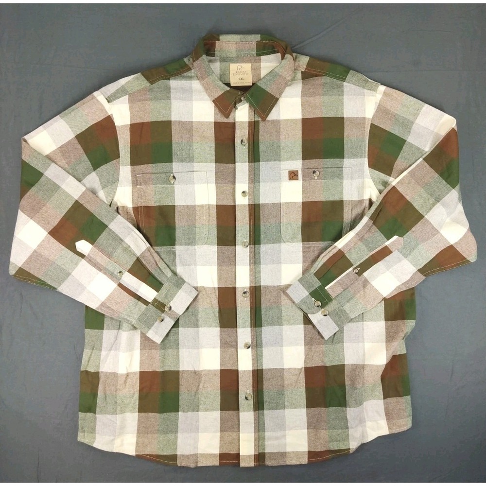Ducks Unlimited Mens Long Sleeve Flannel Plaid Shirt Green Brown Ivory 2XL